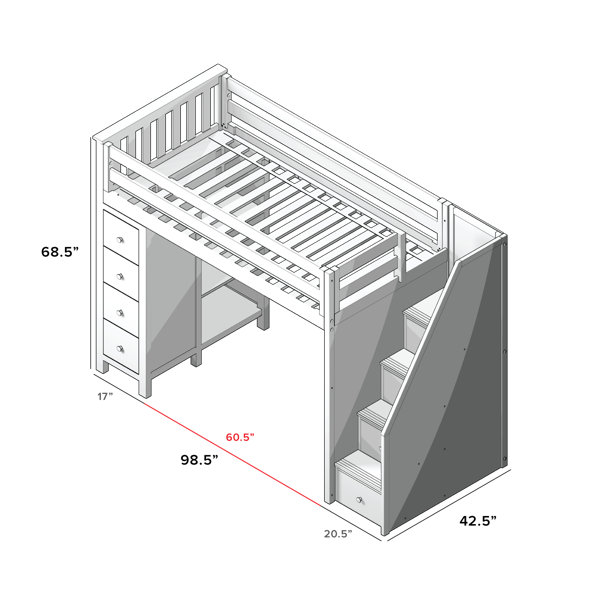 Ayres twin wood loft bed with clearance staircase